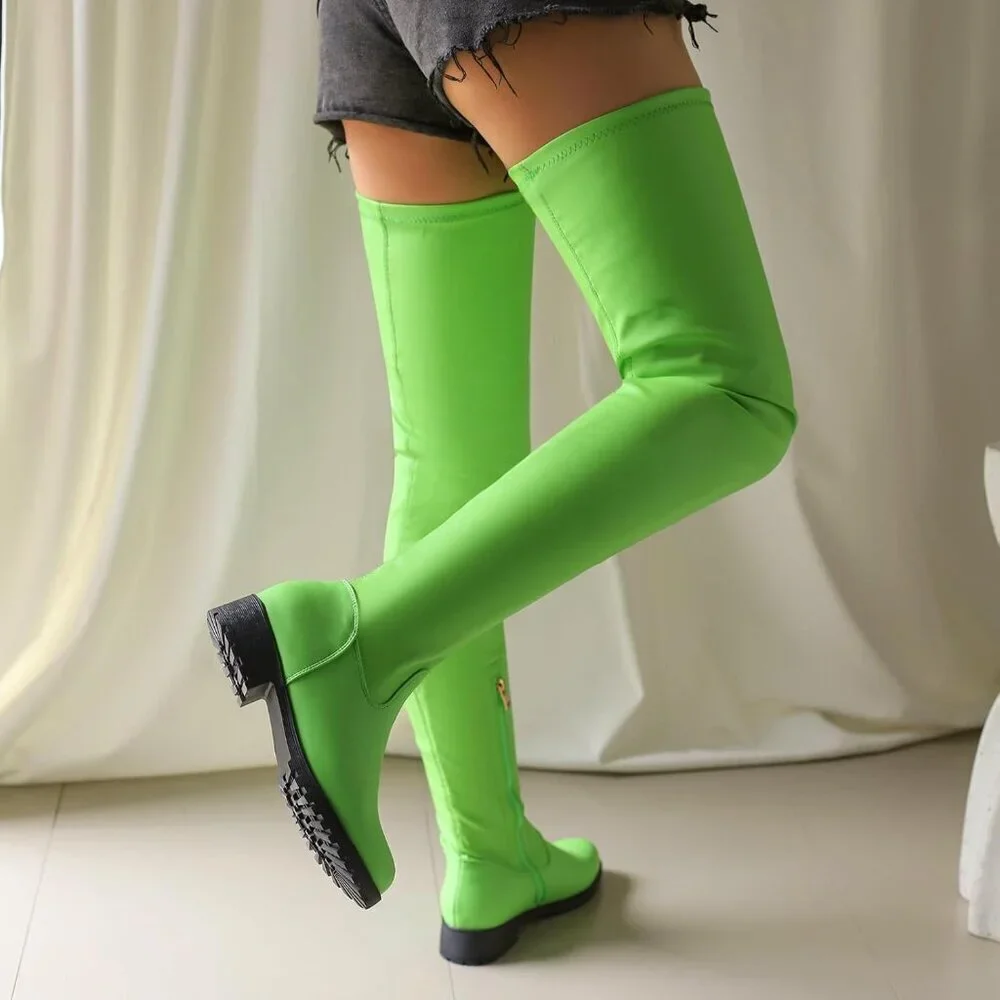 Women's Green Polyurethane Thigh High Over The Knee Rounded Toe Fashion Boots